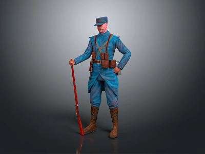 Game Movie Character in Blue Uniform with Red Long Staff and Brown Gear 3d model
