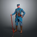 Game Movie Character in Blue Uniform with Red Long Staff and Brown Gear