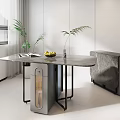 Modern Luxury Dining Table With Marble Top Metal Legs And Green Plants Near Window