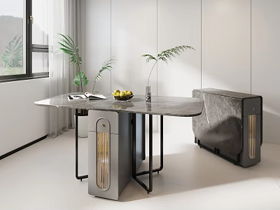 Modern Luxury Dining Table With Marble Top Metal Legs And Green Plants Near Window 3d model