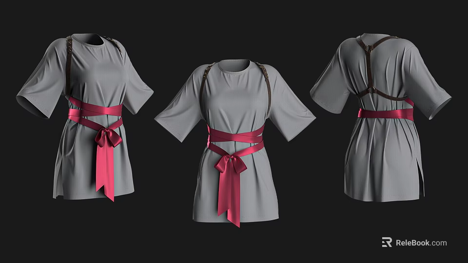 Gray Tunic Dress With Brown Shoulder Straps And Pink Bow Belt Front Side Back Views 3d model 