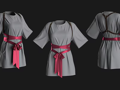Gray Tunic Dress With Brown Shoulder Straps And Pink Bow Belt Front Side Back Views 3d model