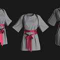 Gray Tunic Dress With Brown Shoulder Straps And Pink Bow Belt Front Side Back Views