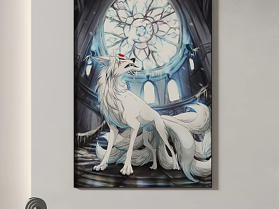 Abstract Painting With White Wolf Red Eyes Long Hair Gothic Architectural Window Intricate Patterns 3d model