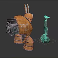 Futuristic Orange Robot ZIRA 01 with Mechanical Antennas and Bird Perched on Pole with Rocks