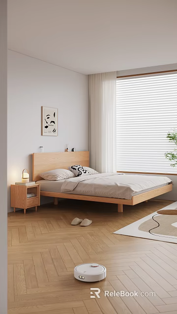 Double Bed with Wooden Frame Bedside Table Lamp Wall Art White Blinds and Green Plant 3d model 