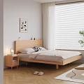 Double Bed with Wooden Frame Bedside Table Lamp Wall Art White Blinds and Green Plant