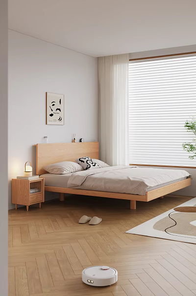 Double Bed with Wooden Frame Bedside Table Lamp Wall Art White Blinds and Green Plant 3d model
