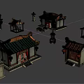 Cartoon Scenery of Traditional Chinese Architecture Models With Green Red Roofs Lanterns And Incense Burners