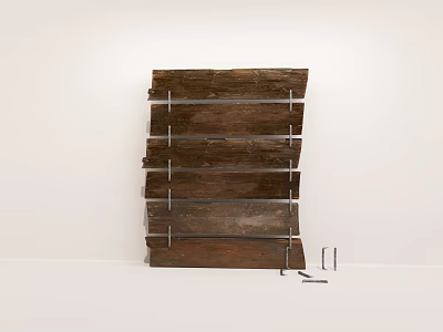 Rustic Wooden Door Handle With Metal Brackets Against White Wall And Floor 3d model