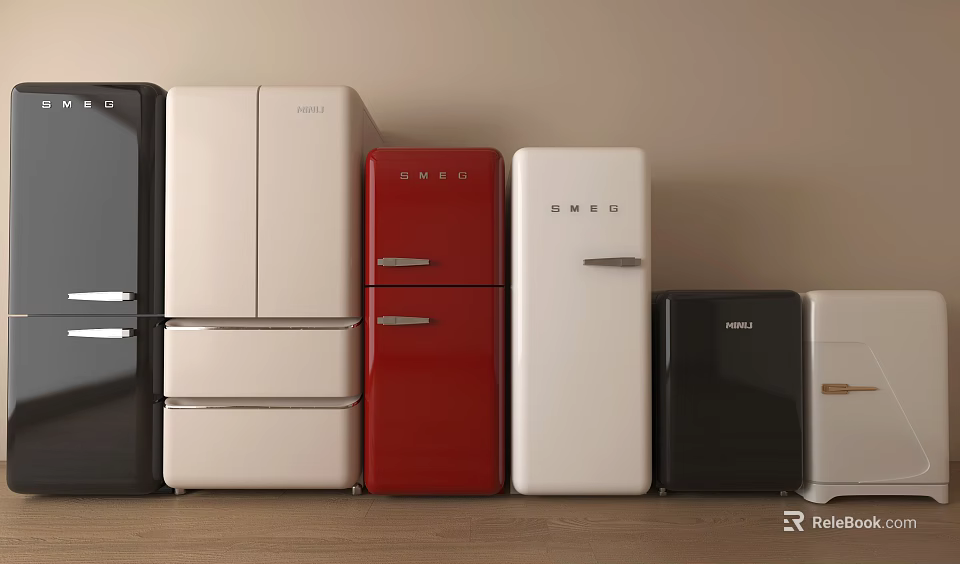 Stylish Refrigerators And Freezers In Various Colors With Retro And Modern Designs 3d model 