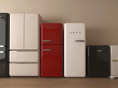 Stylish Refrigerators And Freezers In Various Colors With Retro And Modern Designs 3d model
