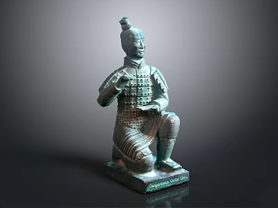 Ancient Bronze Kneeling Sculpture Carving With Intricate Armor And Topknot Details 3d model