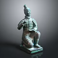 Ancient Bronze Kneeling Sculpture Carving With Intricate Armor And Topknot Details