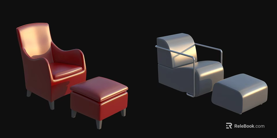Modern Stylish Leather Ottoman in Red and Gray for Living Room Decor 3d model 