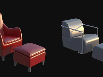 Modern Stylish Leather Ottoman in Red and Gray for Living Room Decor 3d model