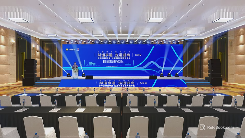 Professional Conference Hall Setup With Blue Backdrop Stage Podium And Seating Arrangement 3d model 