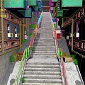 Narrow Alleyway With Red Brick Buildings Green Awnings Street Lamps And Stone Stairs