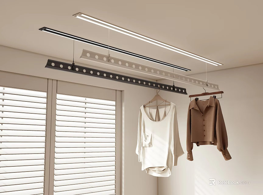 Indoor Clothes Hanging Space With Window Blinds White Top and Brown Shirt 3d model 