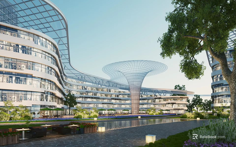 Modern Commercial Street With Futuristic Architecture Water Features And Greenery 3d model 
