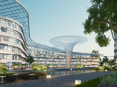 Modern Commercial Street With Futuristic Architecture Water Features And Greenery 3d model