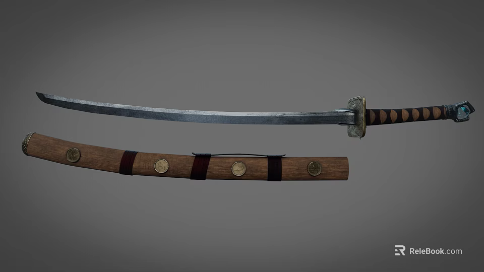 Samurai Katana With Traditional Wooden Sheath And Decorative Metal Accents 3d model 