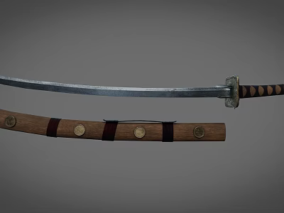 Samurai Katana With Traditional Wooden Sheath And Decorative Metal Accents 3d model