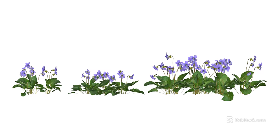Vibrant Purple Flowers With Green Leaves Arranged In A Garden Row 3d model 
