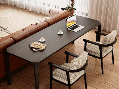 Modern Wooden Desk With Laptop Coffee Cups Books And Two Chairs 3d model