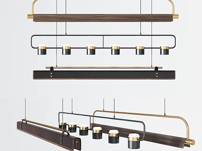 Elegant Modern Pendant Chandelier With Dark Wooden Frame Gold Metal Accents And Black Lamp Shades 3d model