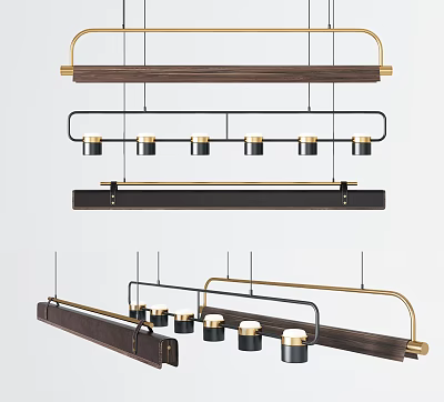 Elegant Modern Pendant Chandelier With Dark Wooden Frame Gold Metal Accents And Black Lamp Shades 3d model