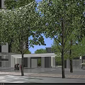 Modern High Rise Residential Building with Lush Greenery Trees and Landscaped Garden Walkway