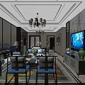 Modern Dining and Living Room Interior With White Cabinets Marble Countertop and Decorative Painting