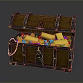 Open Wooden Chest Filled With Colorful Household Supplies And Pearl Necklace