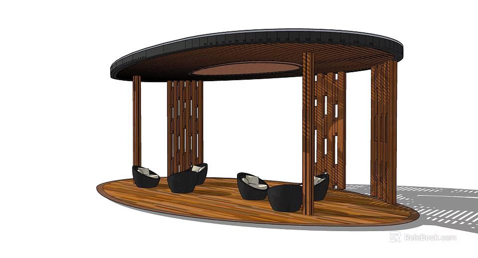 Outdoor Wooden Gazebo With Openwork Columns And Black Seats On Wooden Floor 3d model 