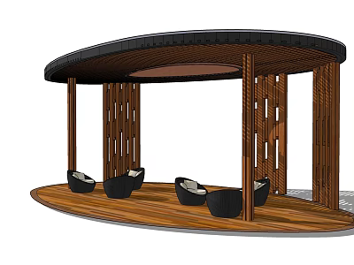 Outdoor Wooden Gazebo With Openwork Columns And Black Seats On Wooden Floor 3d model