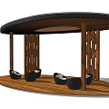 Outdoor Wooden Gazebo With Openwork Columns And Black Seats On Wooden Floor