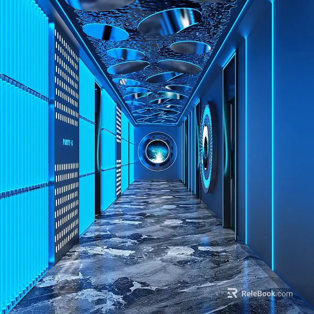 Modern Futuristic KTV Corridor Interior With Blue Lighting Marble Floor And Circular Decorations 3d model 
