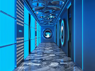 Modern Futuristic KTV Corridor Interior With Blue Lighting Marble Floor And Circular Decorations 3d model