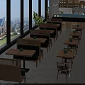 Public Chairs In Modern Restaurant With Green Cushions Wooden Tables And City View
