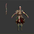 Man In Ornate Traditional Warrior Outfit Standing With Decorated Sword