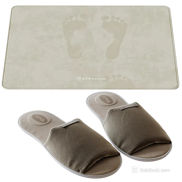 Brown Fabric Open Toe Slippers With Soft Sole And Matching Foot Mat 3d model 