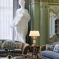 Luxurious Duplex Living Room With Green Walls Large Window Chandelier And White Statues