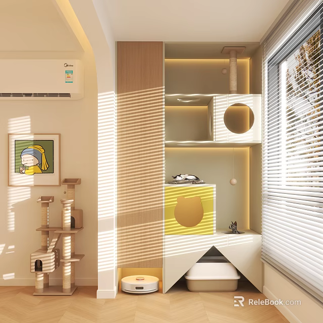 Modern Wooden Cat Tree With Round Holes Multiple Platforms And Cozy Perches For Cats 3d model 