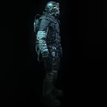 Man in full protective suit with helmet and breathing apparatus standing against dark background