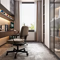Modern Study Room Interior With Wooden Desk Ergonomic Chairs Glass Bookshelves And Decorative Figurines