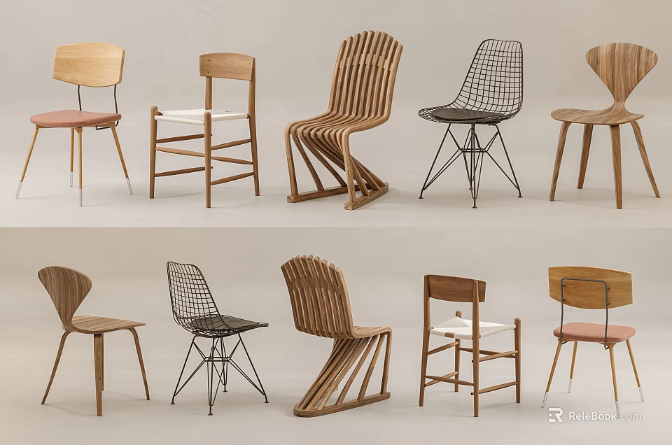 Assorted Modern Dining Chairs Featuring Wooden Metal Frames And Unique Designs 3d model 
