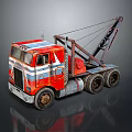 Vintage Red Tow Truck With Blue And White Stripes And Crane Design
