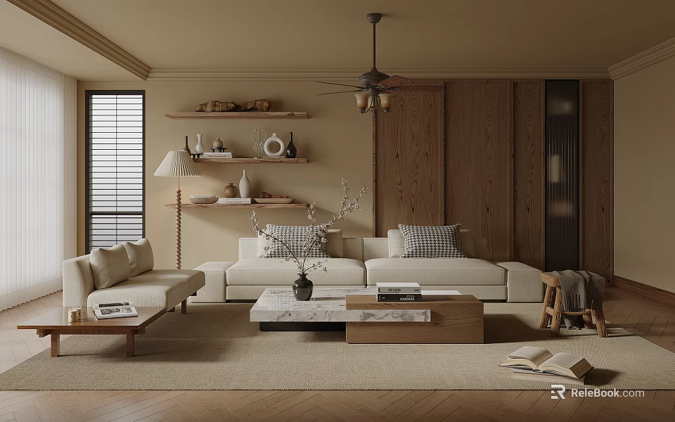 Modern Living Room Interior With Beige Sofa Wooden Shelves Coffee Table And Ceiling Fan 3d model 