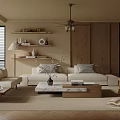 Modern Living Room Interior With Beige Sofa Wooden Shelves Coffee Table And Ceiling Fan